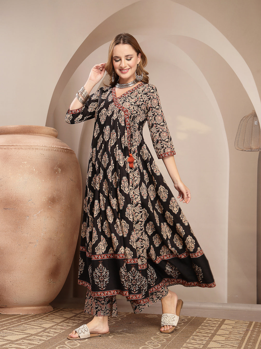 Printed Cotton Blend Anarkali Kurta Set With Dupatta