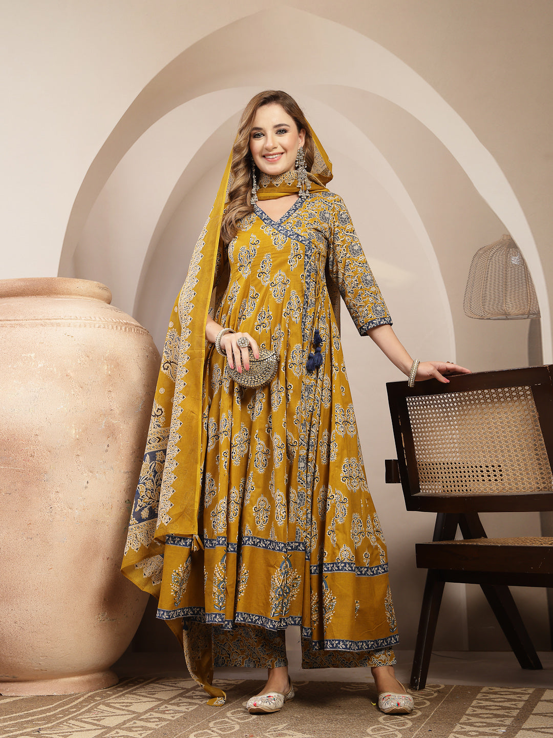 Printed Cotton Blend Anarkali Kurta Set With Dupatta