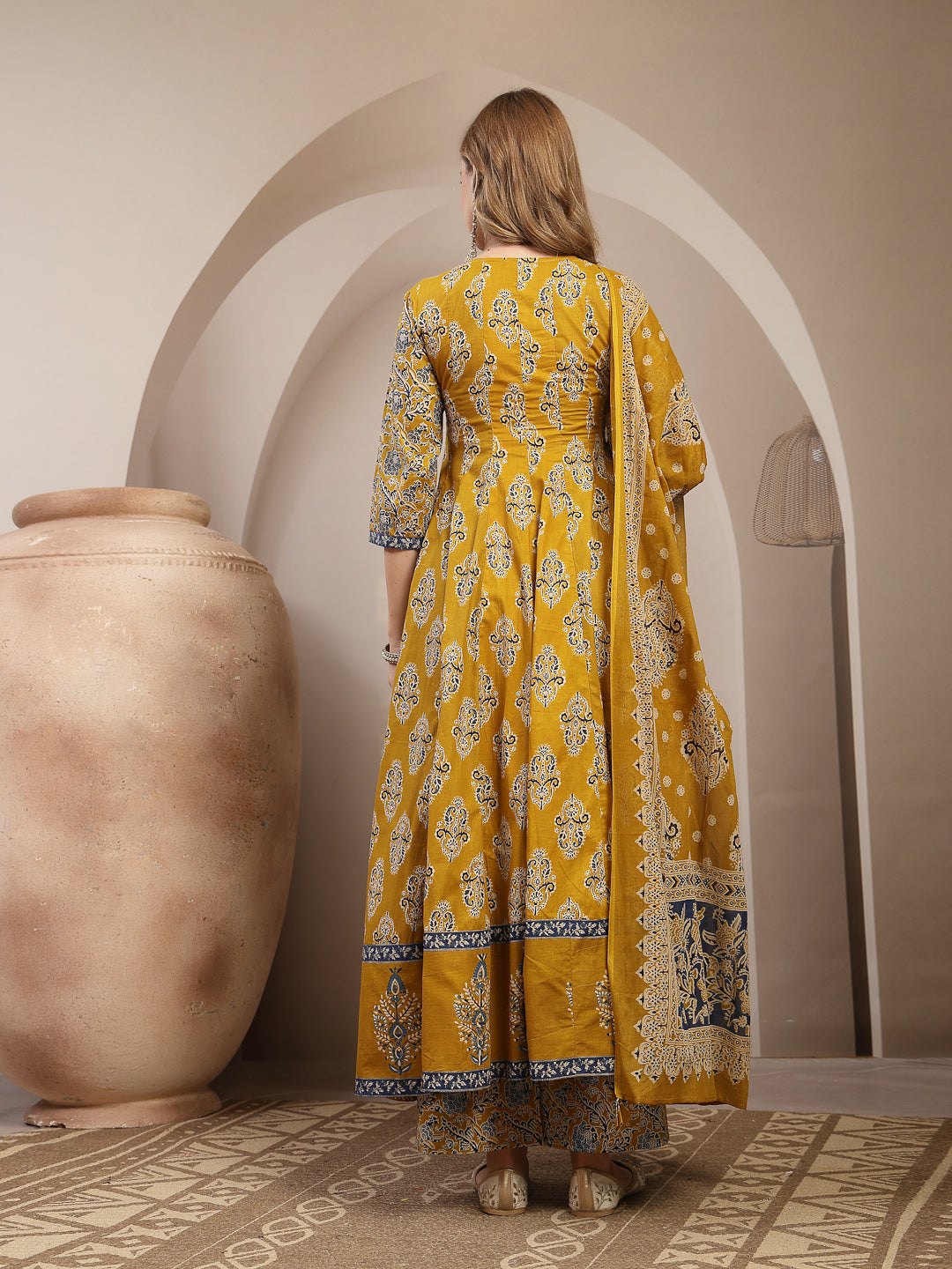 Printed Cotton Blend Anarkali Kurta Set With Dupatta
