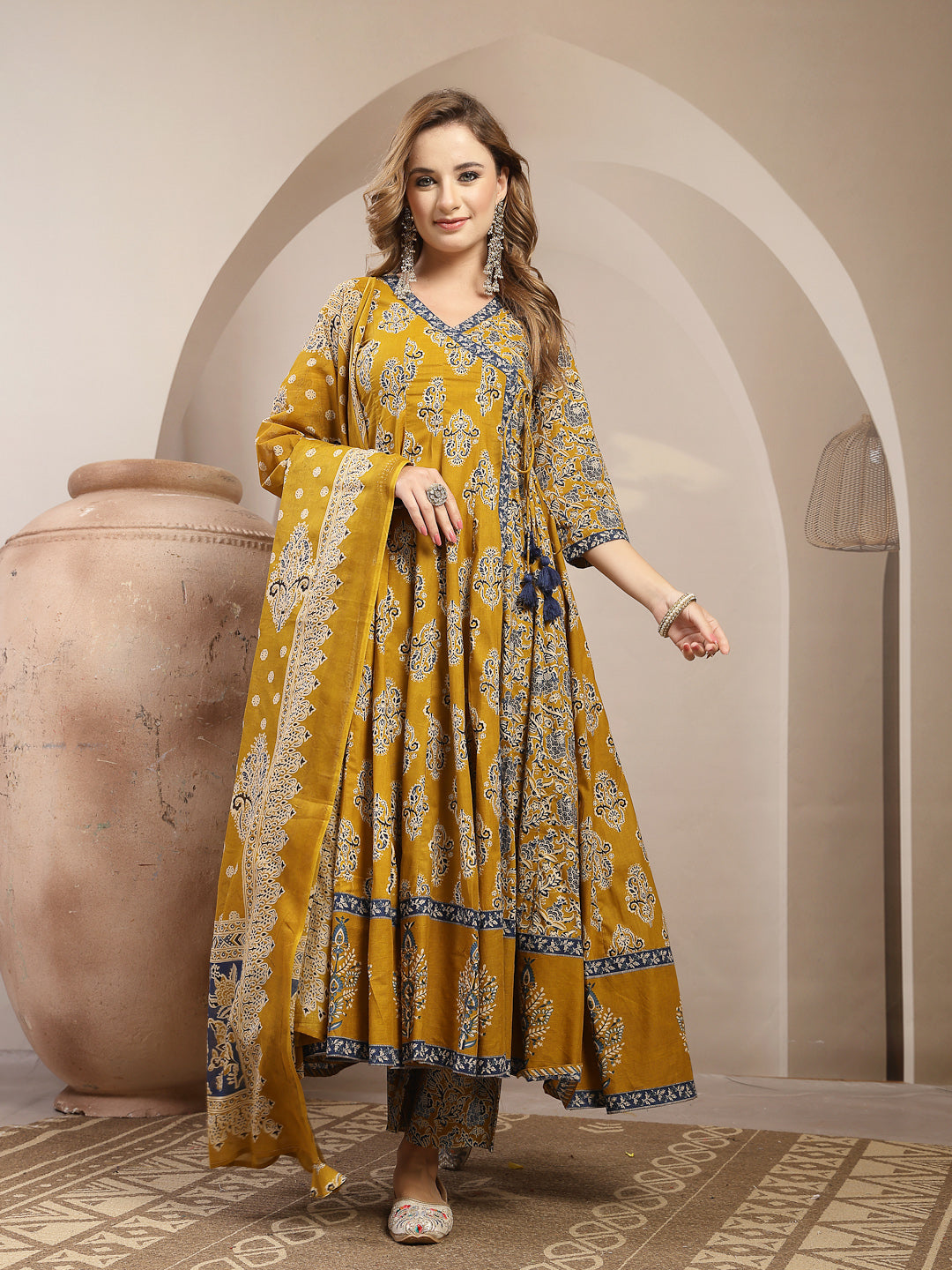 Printed Cotton Blend Anarkali Kurta Set With Dupatta