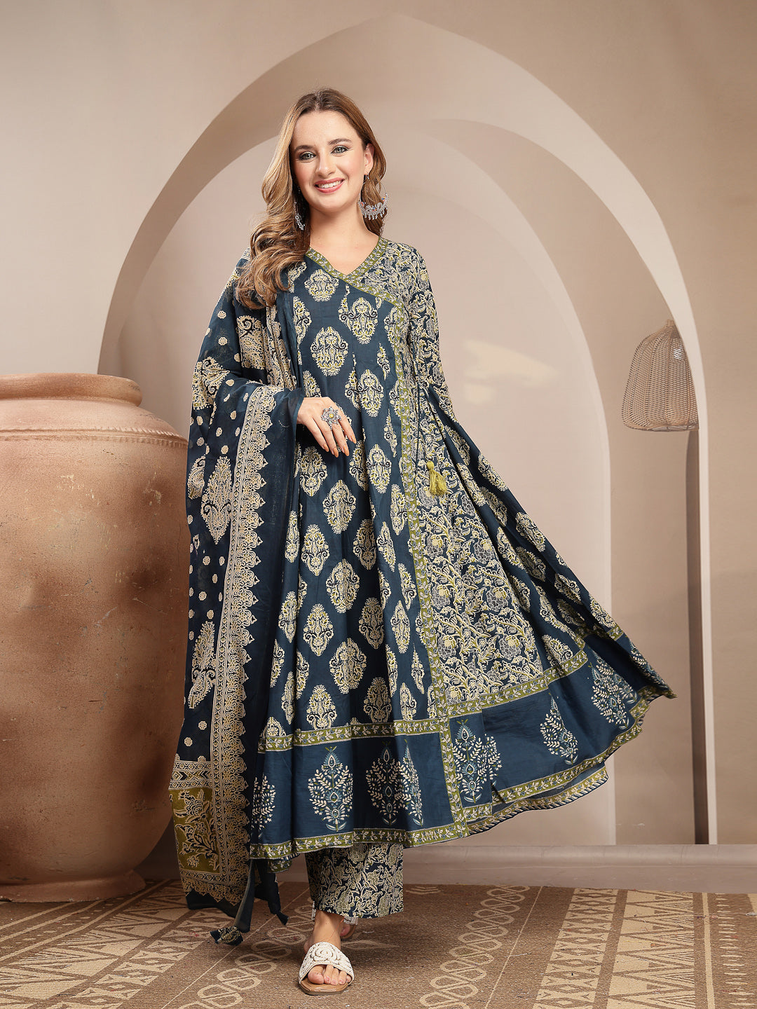 Printed Cotton Blend Anarkali Kurta Set With Dupatta