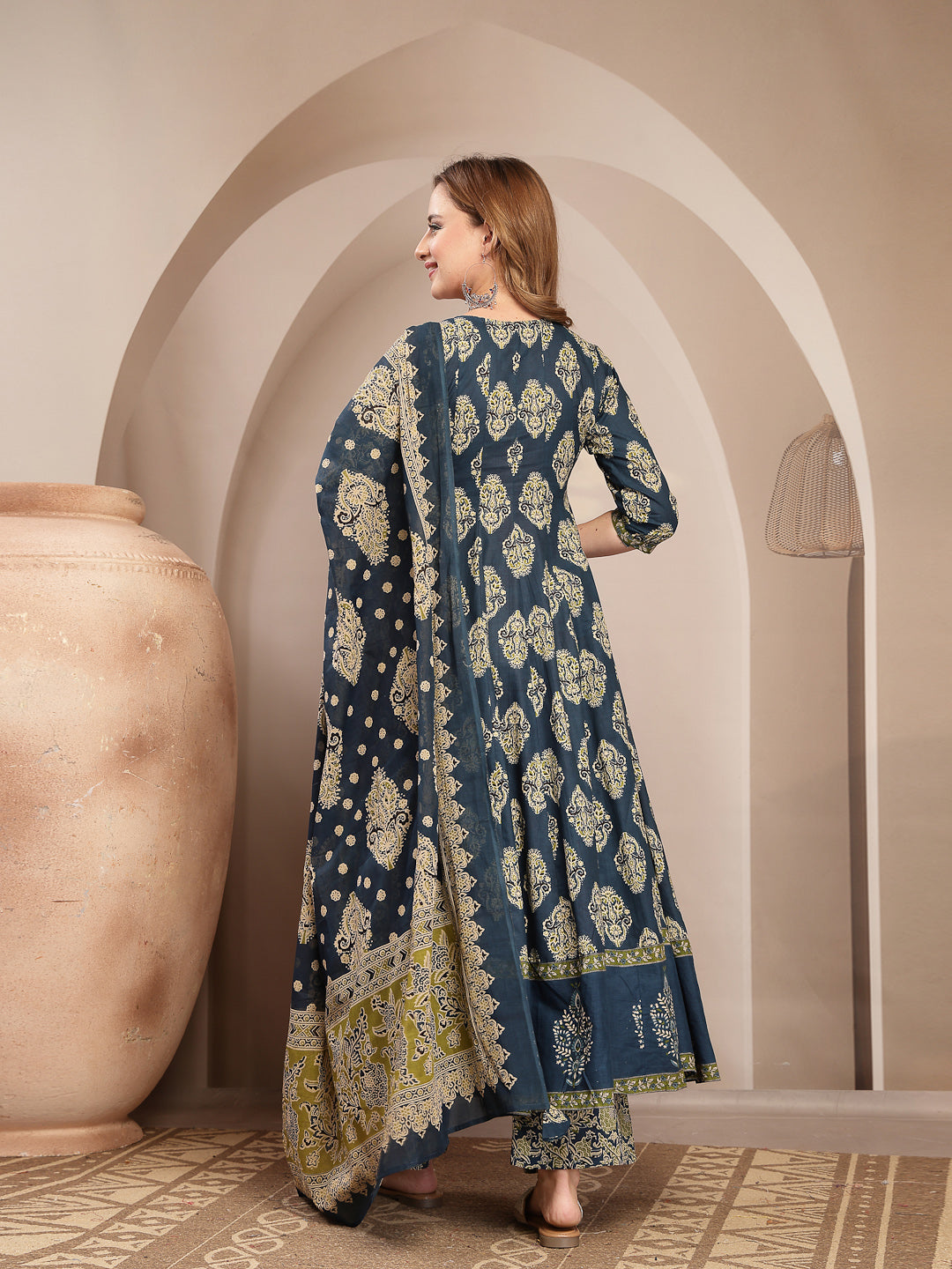 Printed Cotton Blend Anarkali Kurta Set With Dupatta