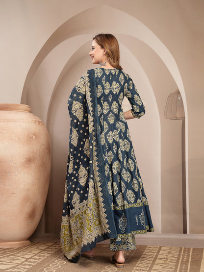 Printed Cotton Blend Anarkali Kurta Set With Dupatta