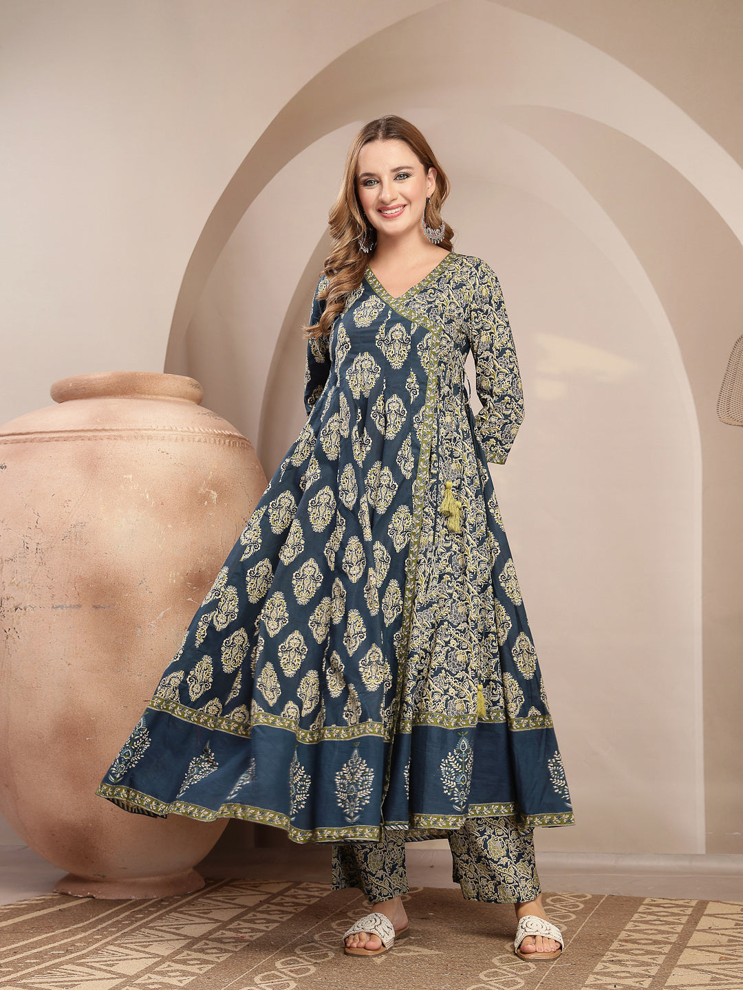 Printed Cotton Blend Anarkali Kurta Set With Dupatta