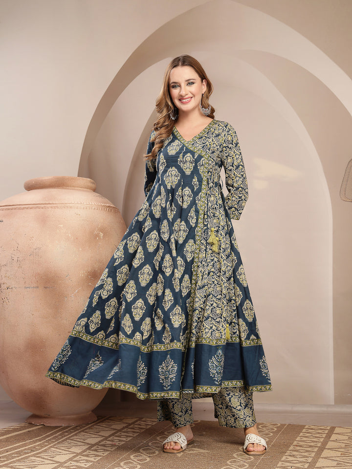 Printed Cotton Blend Anarkali Kurta Set With Dupatta