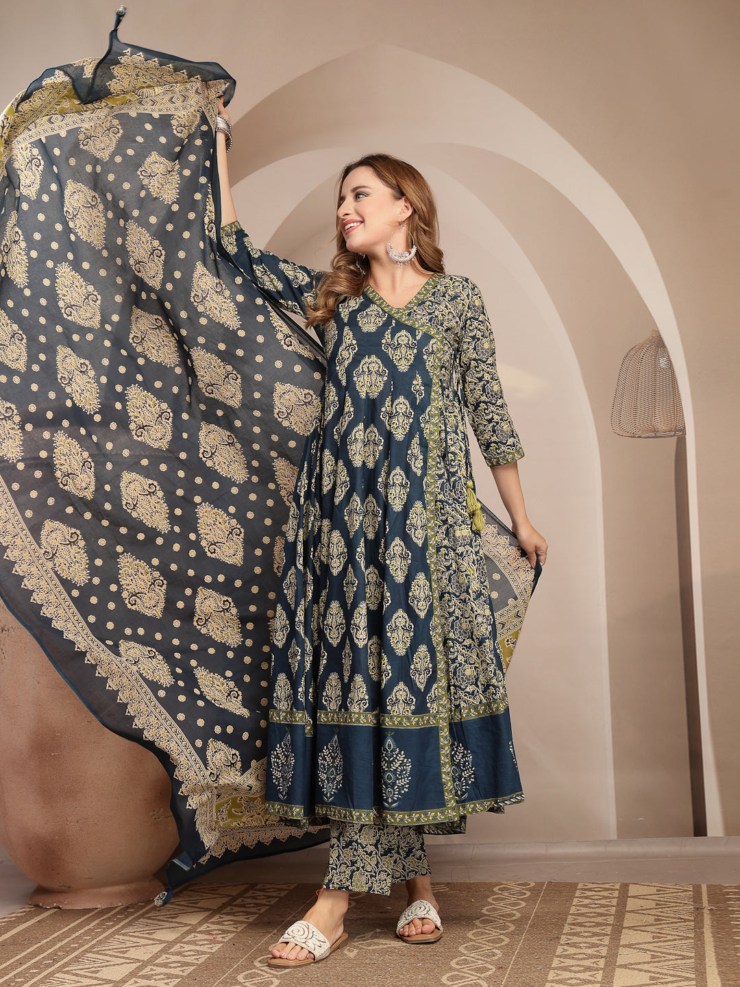 Printed Cotton Blend Anarkali Kurta Set With Dupatta