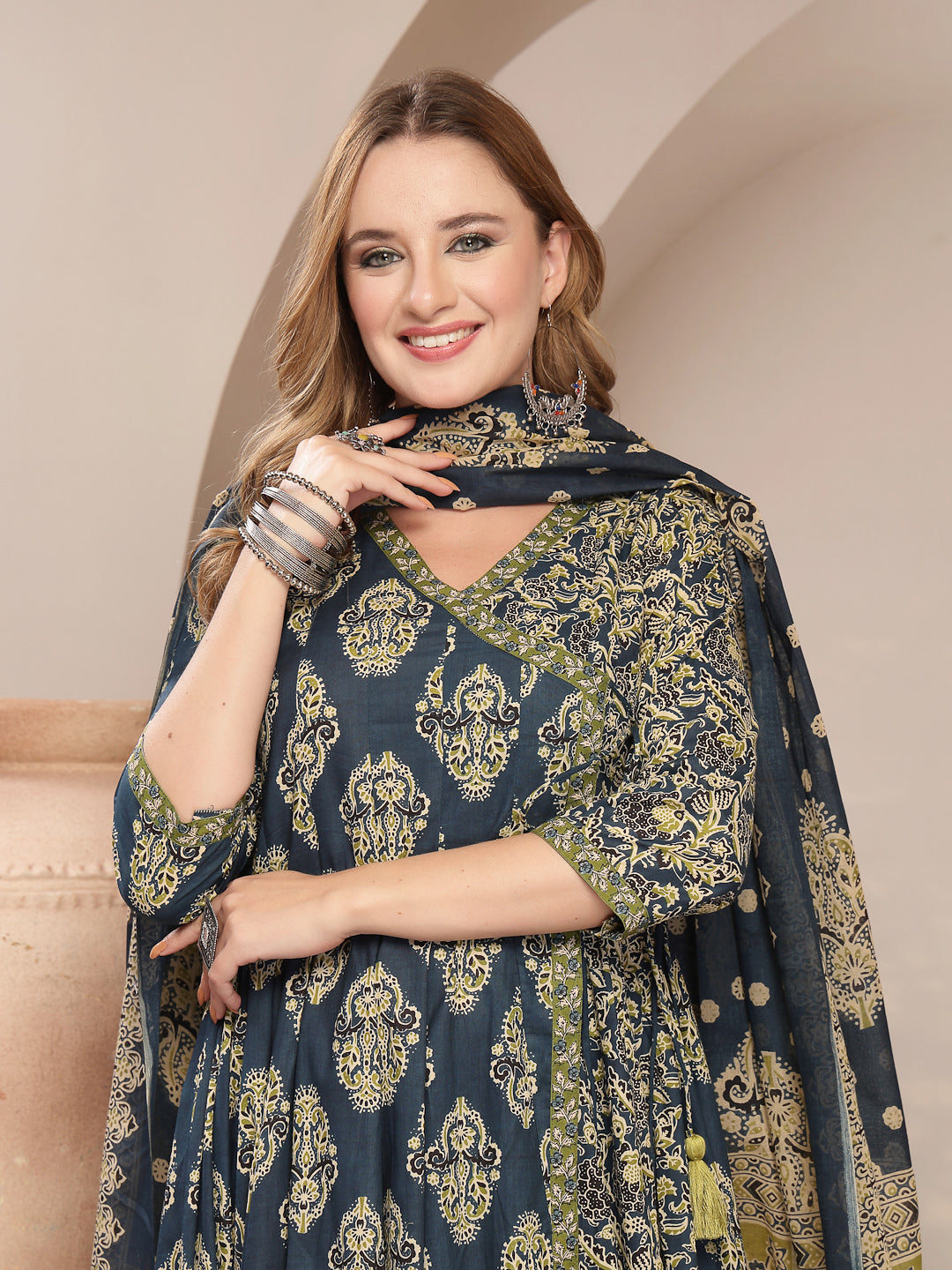 Printed Cotton Blend Anarkali Kurta Set With Dupatta