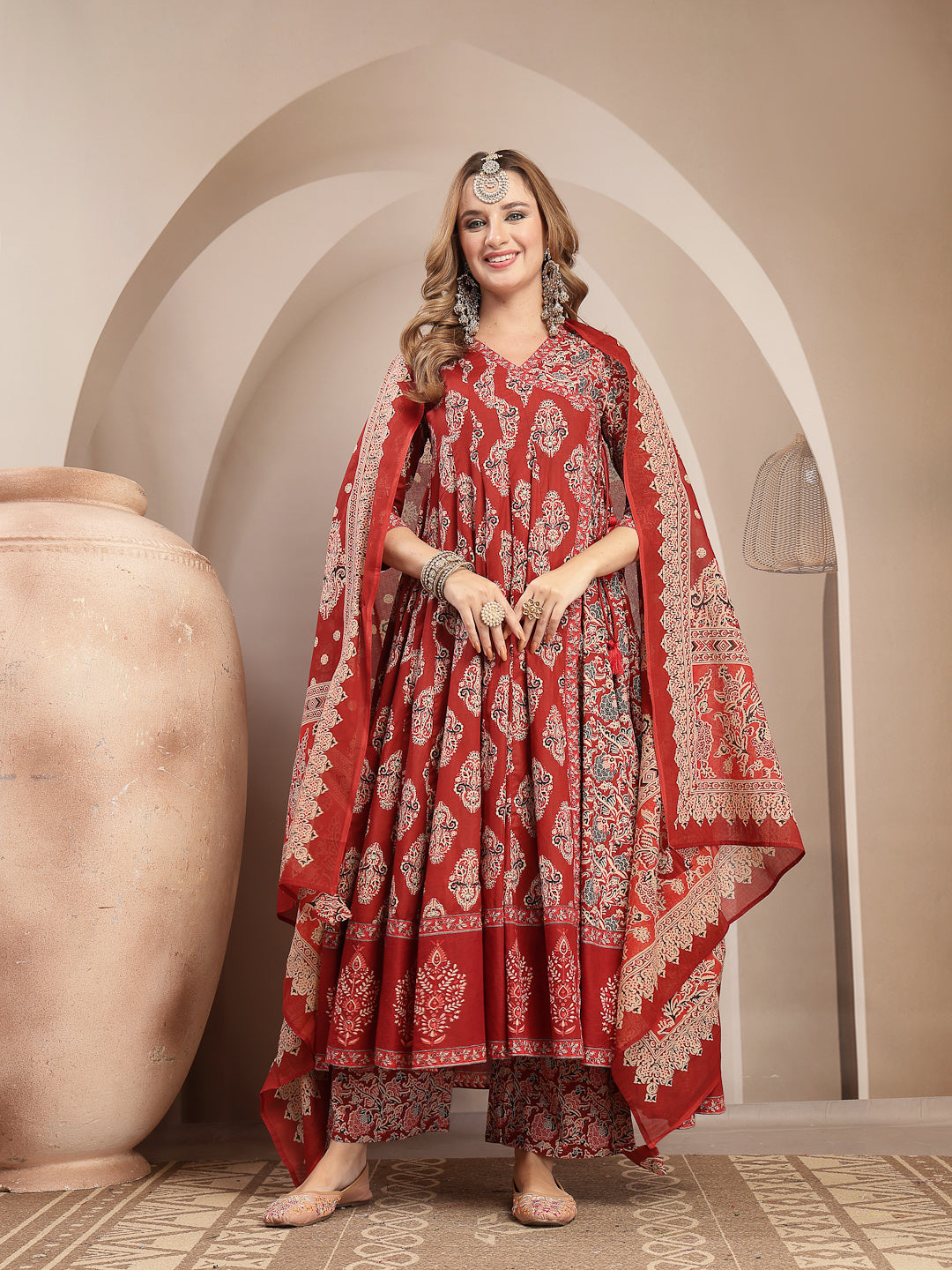Printed Cotton Blend Anarkali Kurta Set With Dupatta