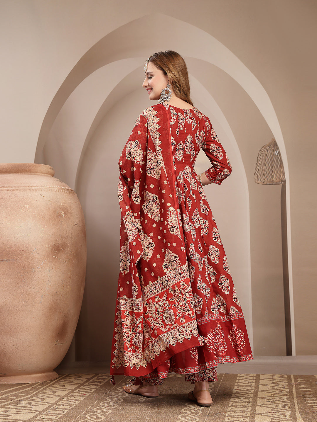 Printed Cotton Blend Anarkali Kurta Set With Dupatta