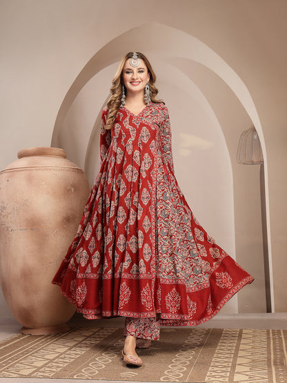 Printed Cotton Blend Anarkali Kurta Set With Dupatta