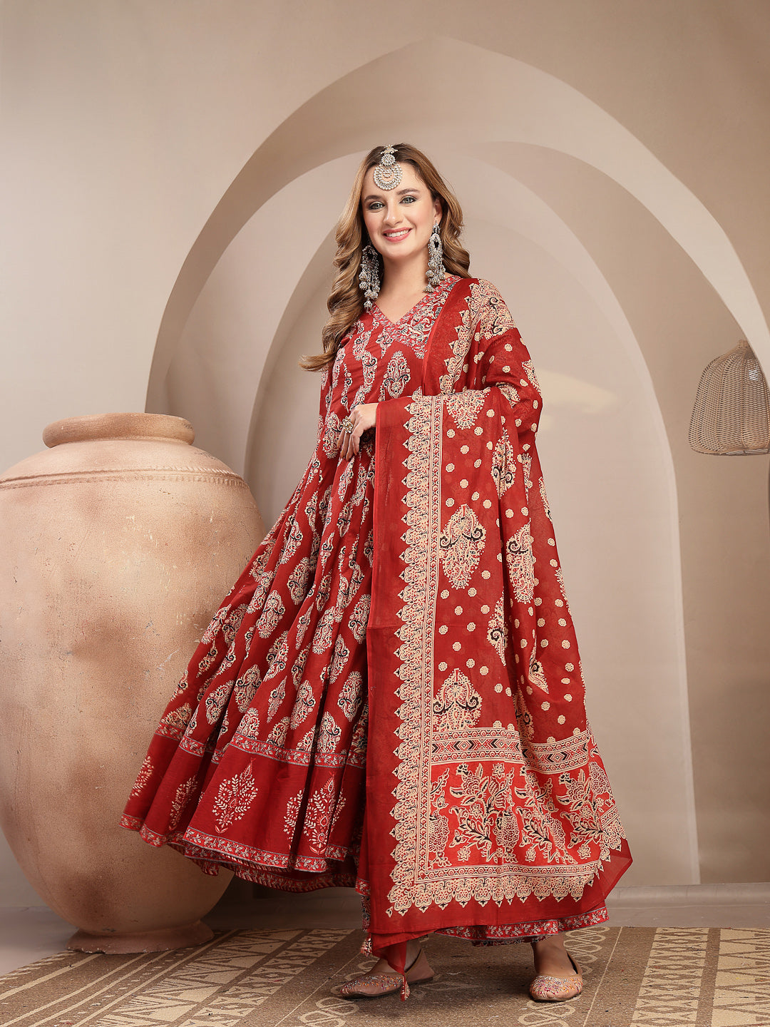 Printed Cotton Blend Anarkali Kurta Set With Dupatta