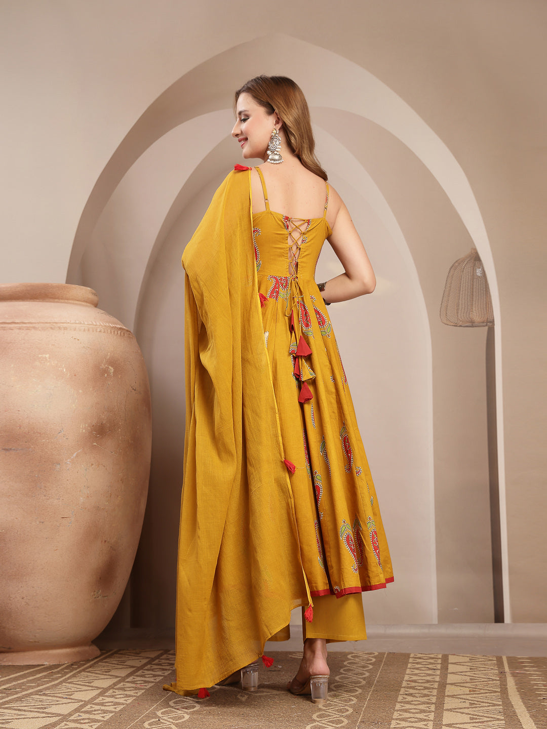 Solid Cotton Blend Anarkali Kurta Set With Dupatta