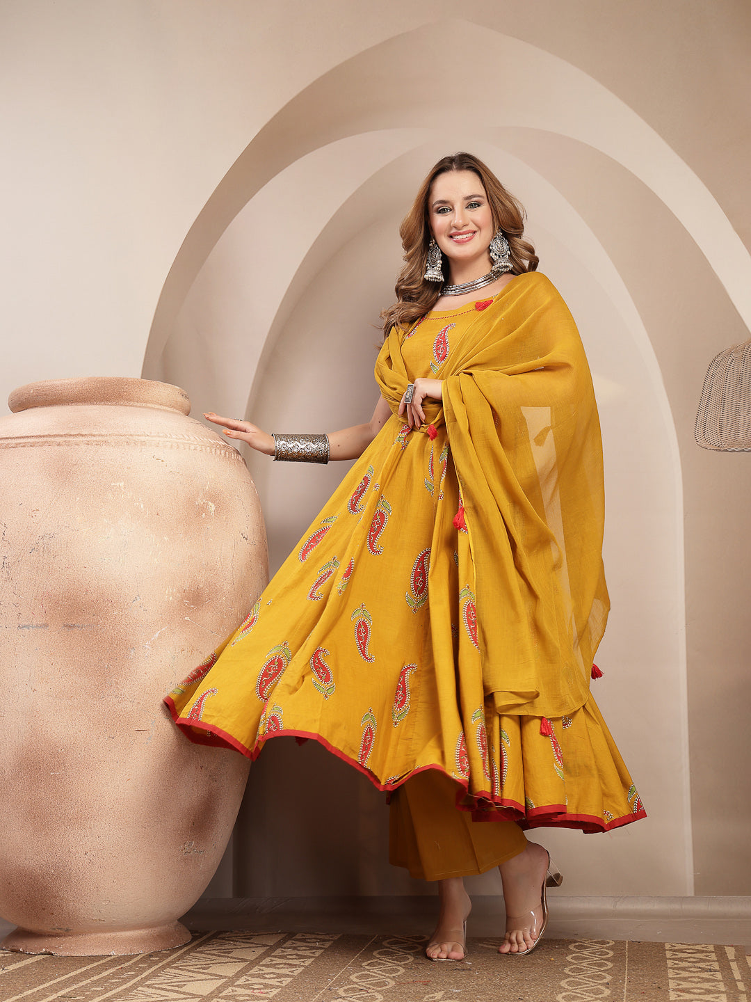 Solid Cotton Blend Anarkali Kurta Set With Dupatta