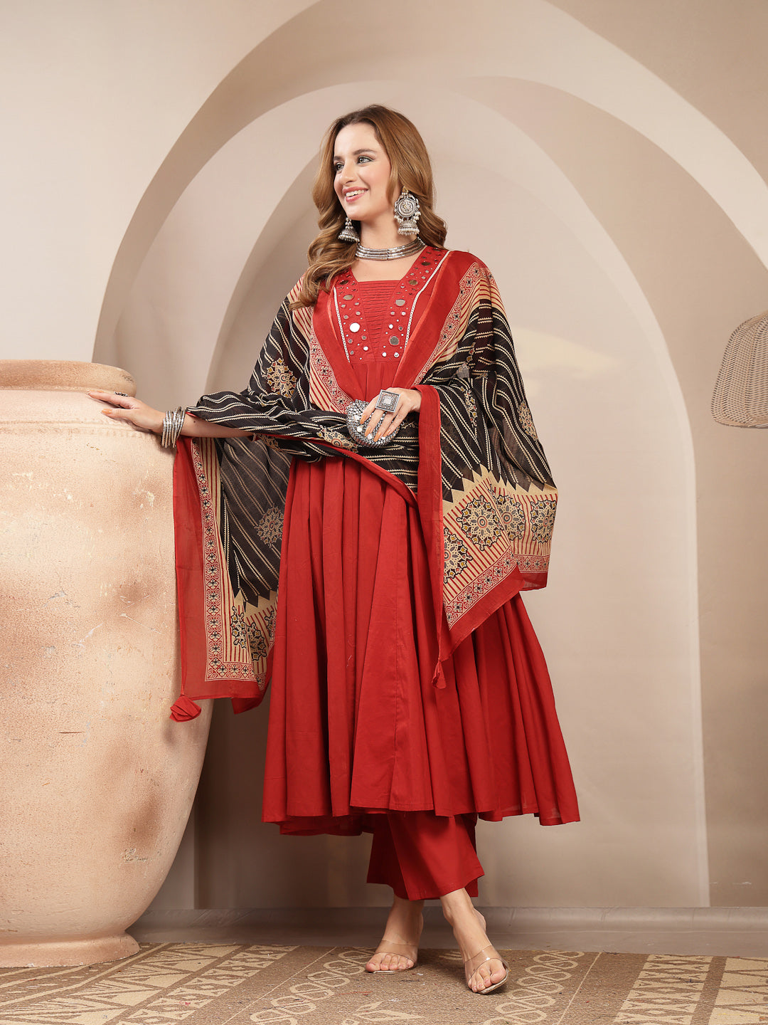 Solid Cotton Blend Anarkali Kurta Set With Dupatta