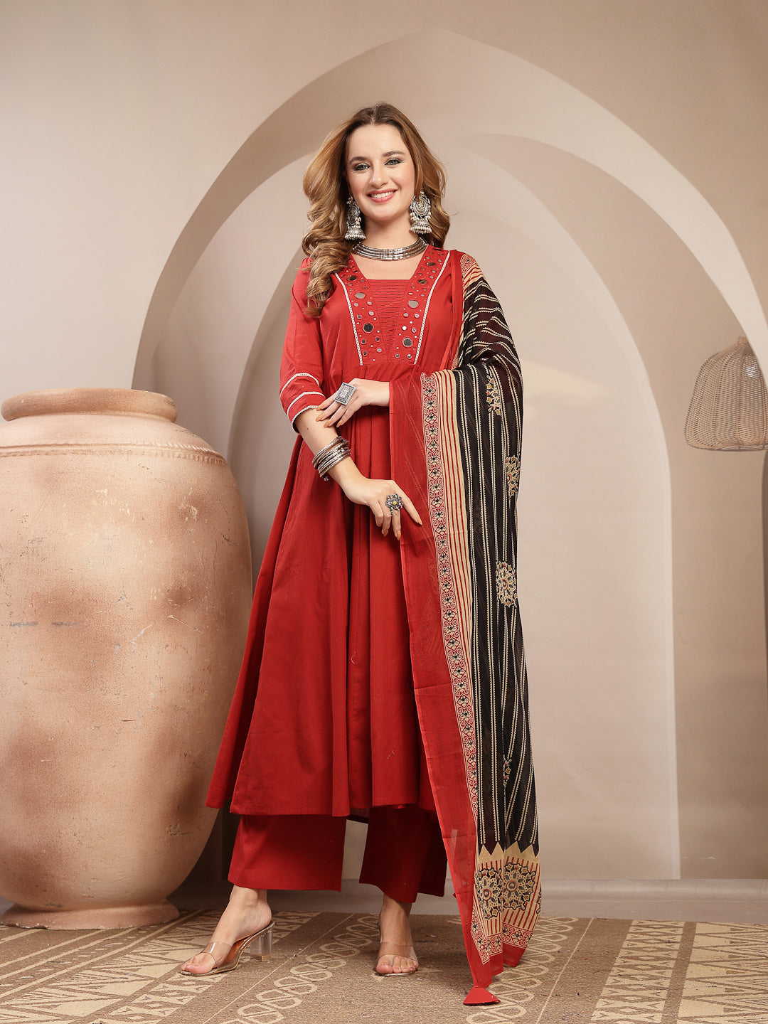 Solid Cotton Blend Anarkali Kurta Set With Dupatta