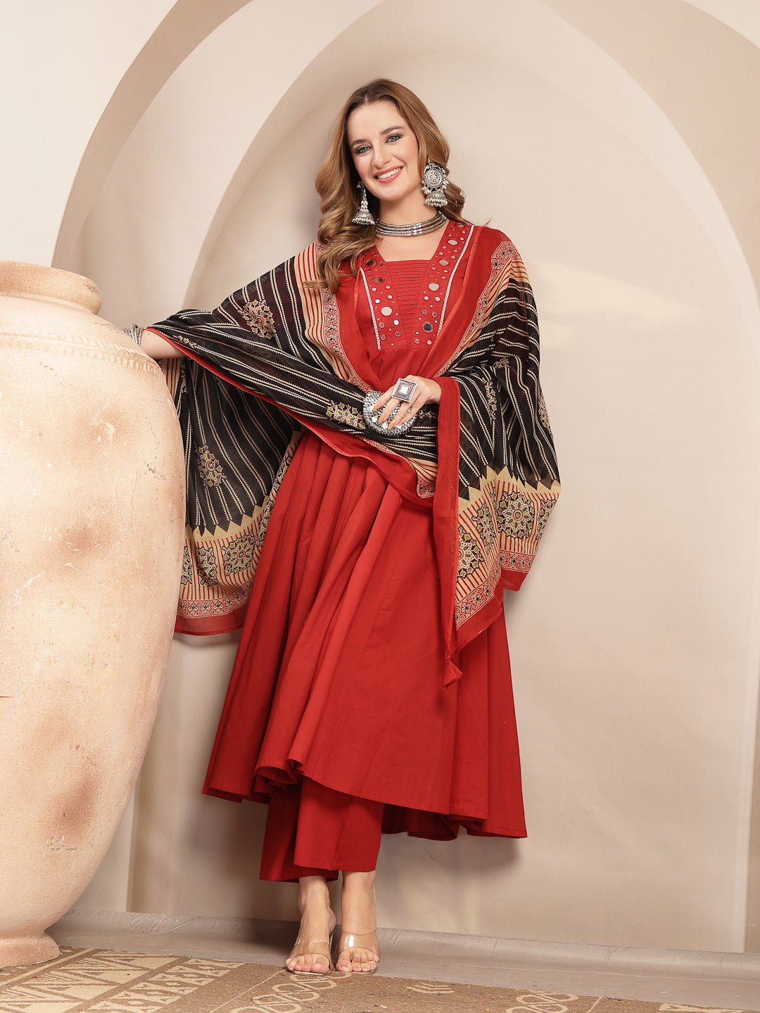 Solid Cotton Blend Anarkali Kurta Set With Dupatta