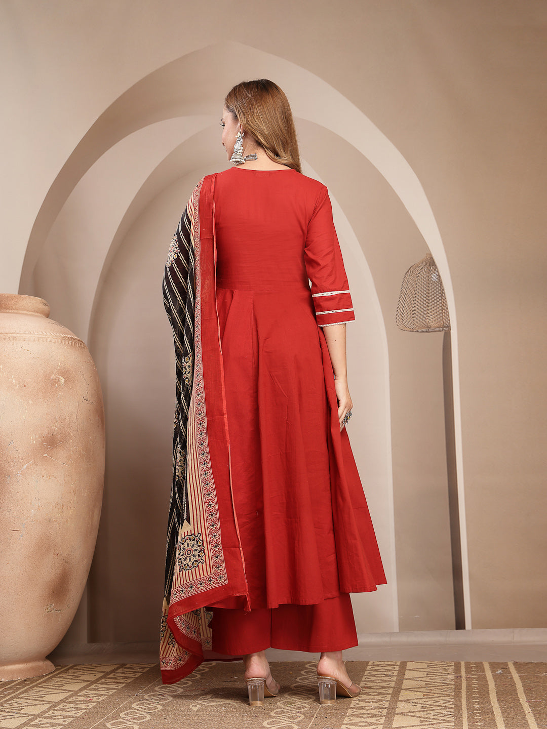 Solid Cotton Blend Anarkali Kurta Set With Dupatta
