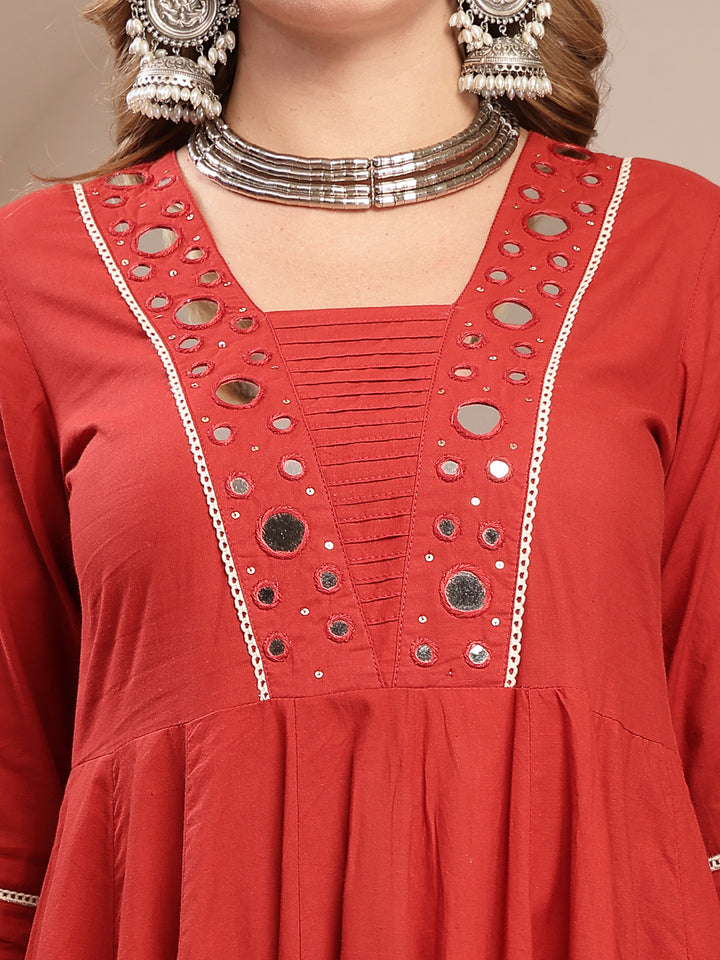 Solid Cotton Blend Anarkali Kurta Set With Dupatta