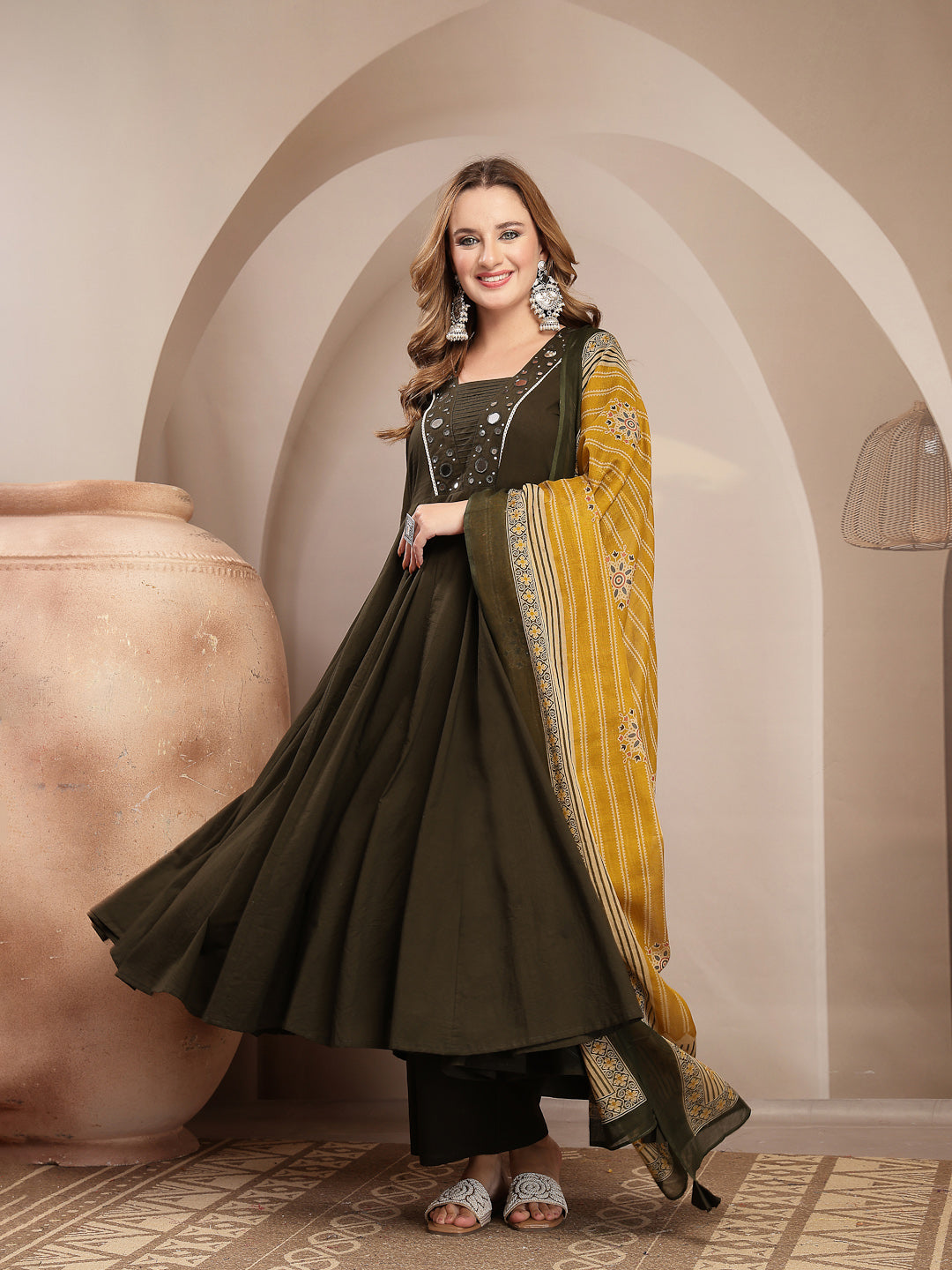 Solid Cotton Blend Anarkali Kurta Set With Dupatta