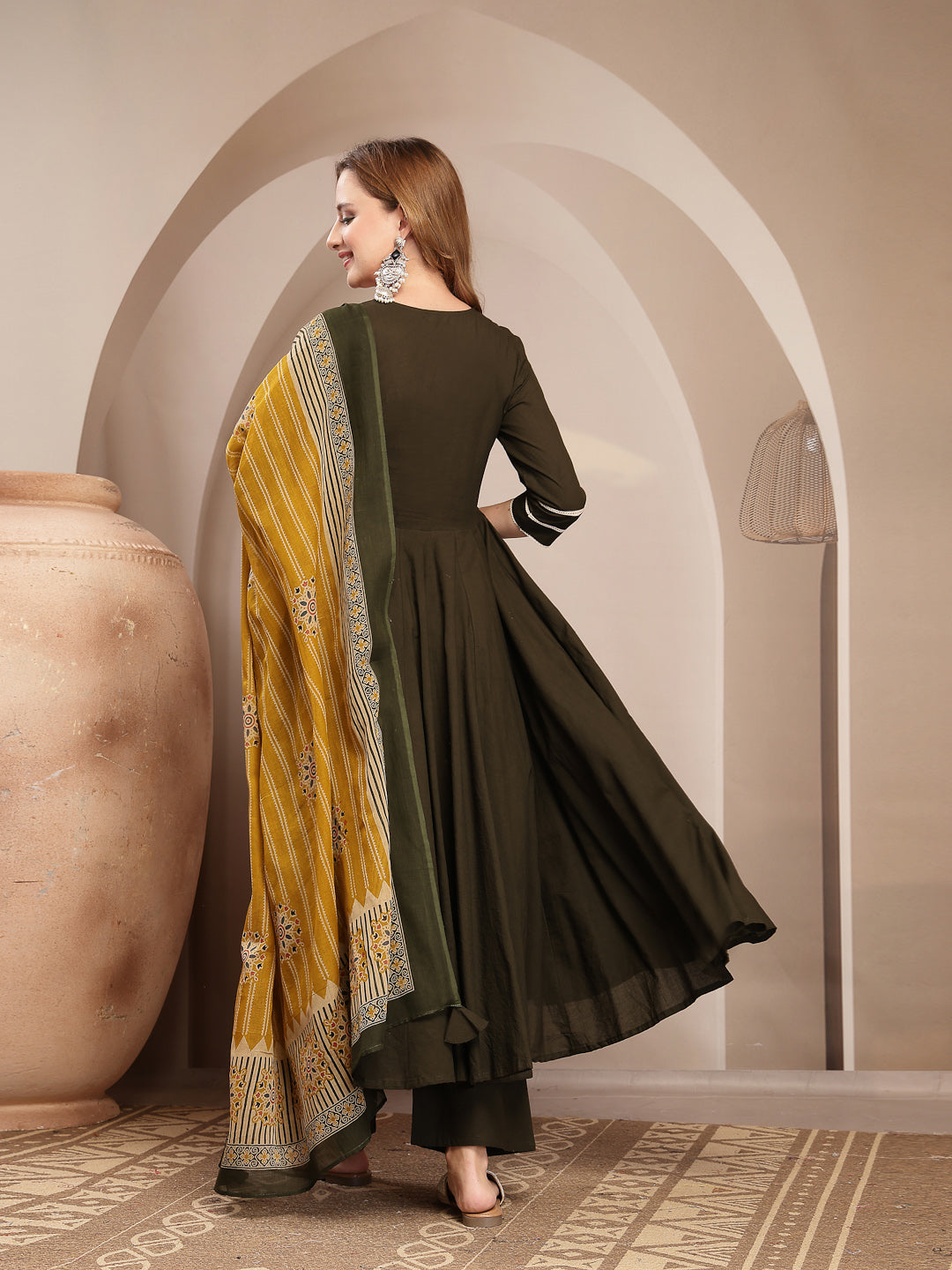 Solid Cotton Blend Anarkali Kurta Set With Dupatta