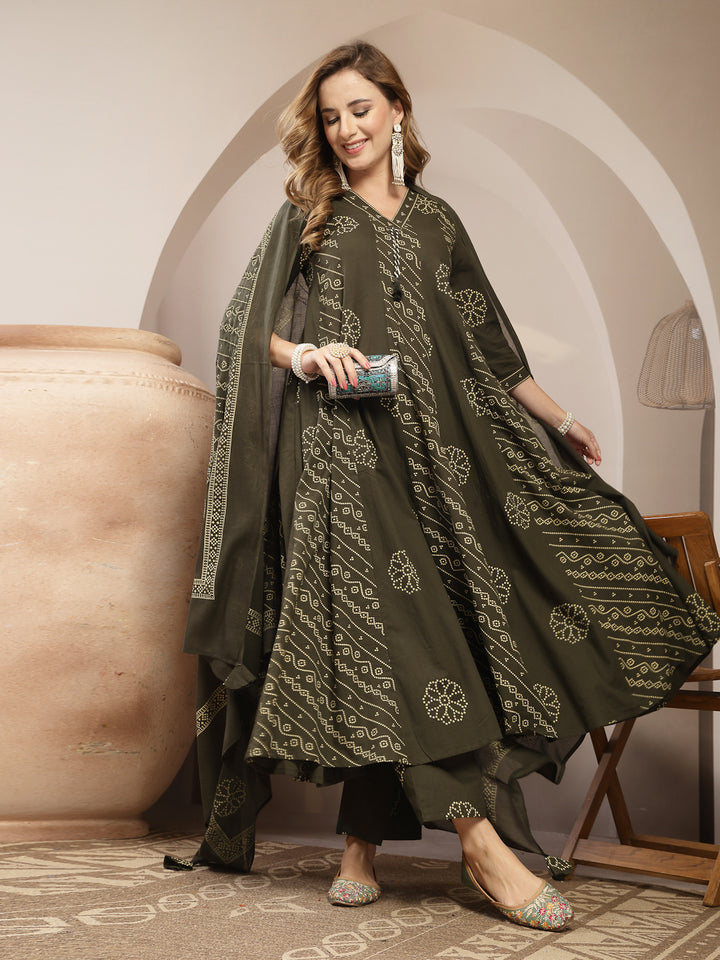 Printed Cotton Blend Anarkali Kurta Set With Dupatta