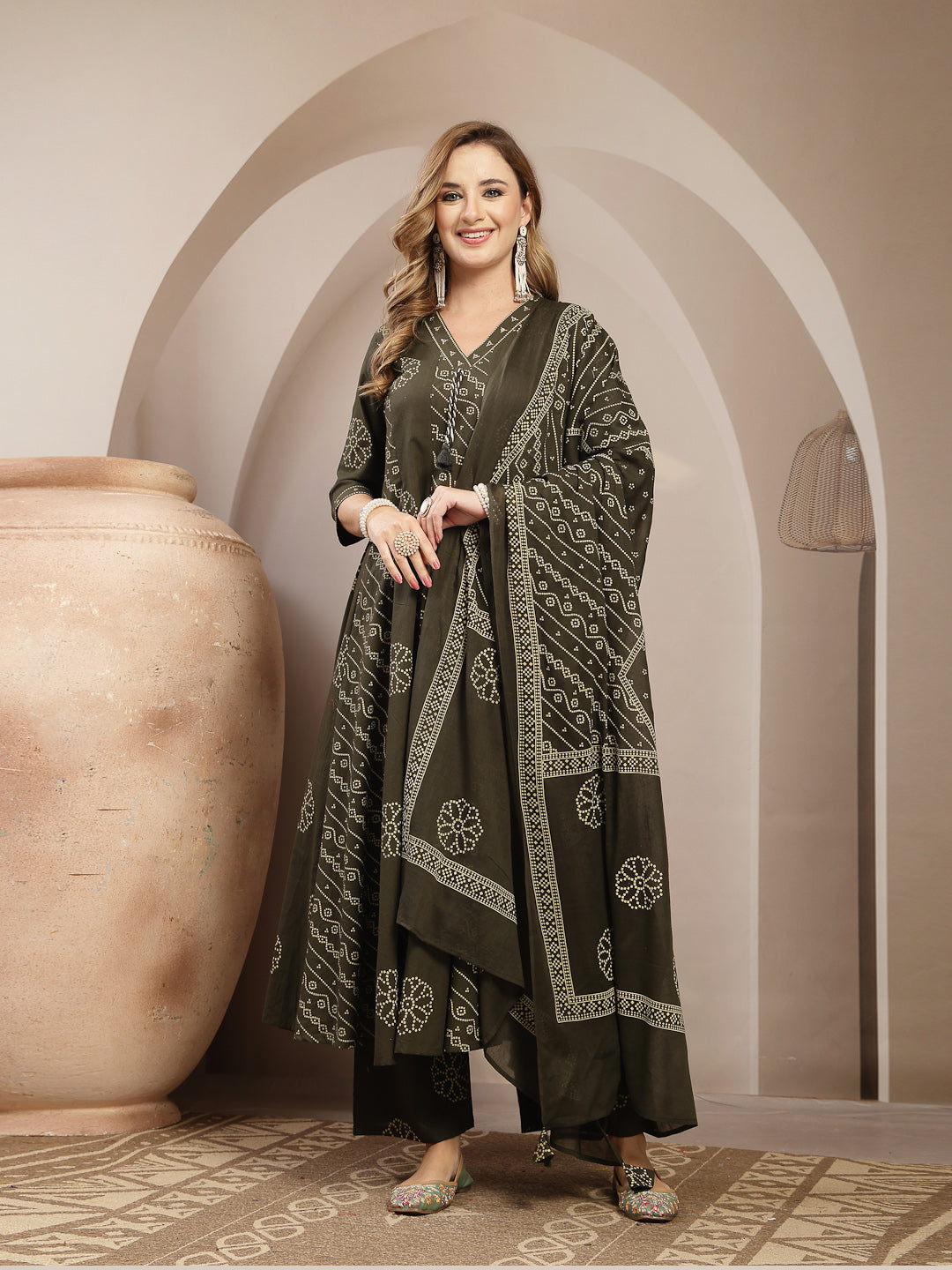 Printed Cotton Blend Anarkali Kurta Set With Dupatta