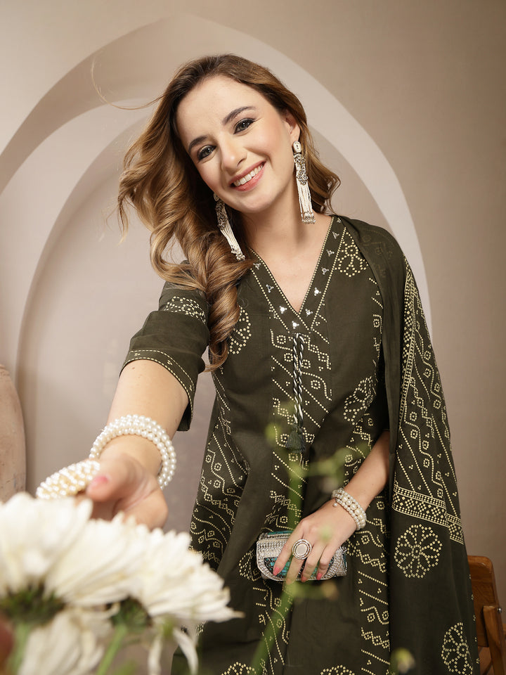 Printed Cotton Blend Anarkali Kurta Set With Dupatta