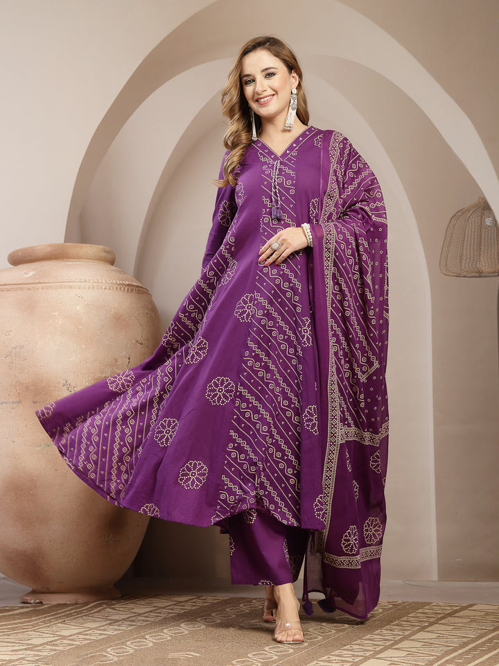 Printed Cotton Blend Anarkali Kurta Set With Dupatta