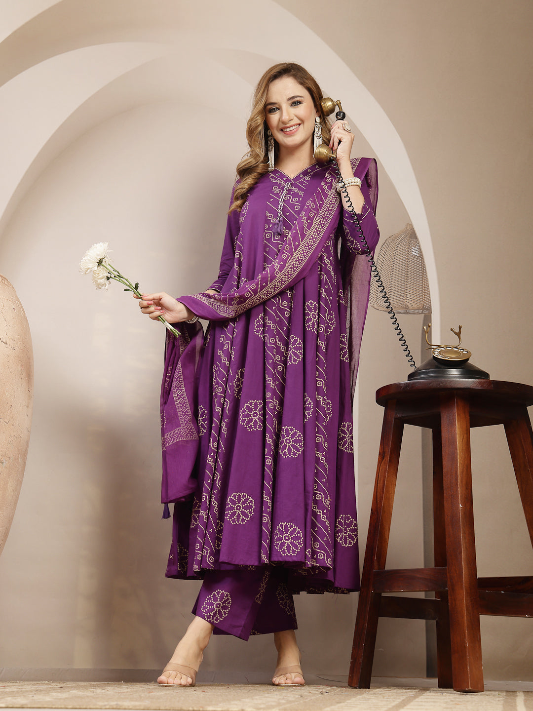 Printed Cotton Blend Anarkali Kurta Set With Dupatta