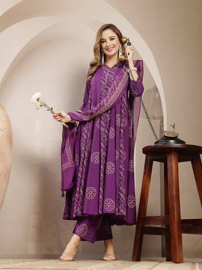 Printed Cotton Blend Anarkali Kurta Set With Dupatta