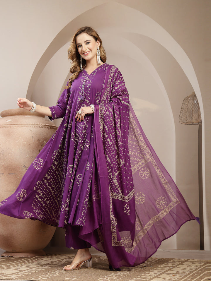 Printed Cotton Blend Anarkali Kurta Set With Dupatta