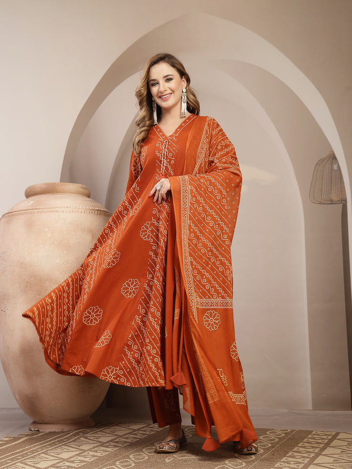 Printed Cotton Blend Anarkali Kurta Set With Dupatta