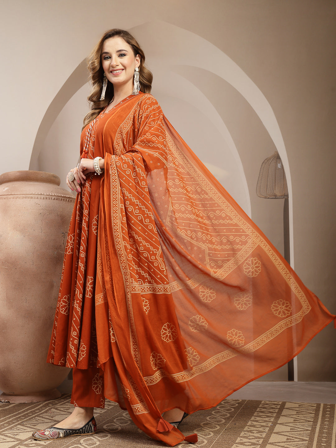 Printed Cotton Blend Anarkali Kurta Set With Dupatta