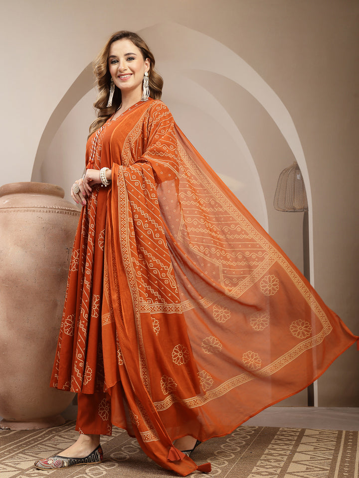 Printed Cotton Blend Anarkali Kurta Set With Dupatta