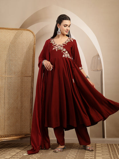 Maroon Embroidered Rayon Anarkali Suit Set With Palazzos & Dupatta