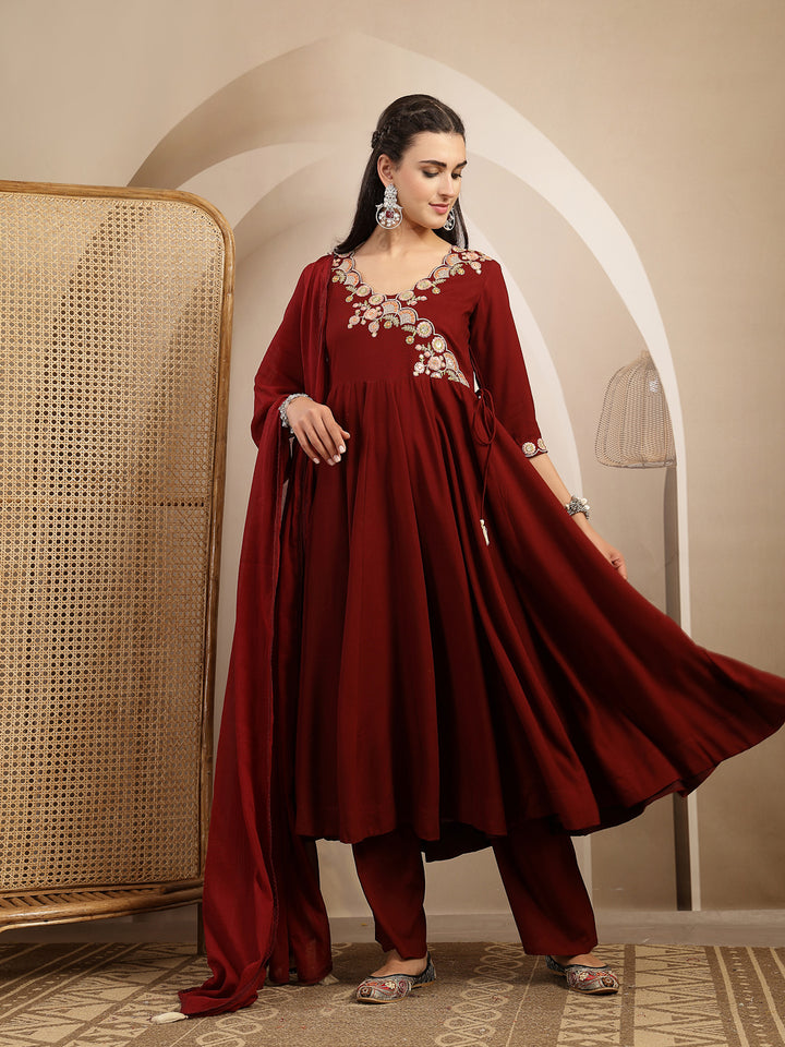 Maroon Embroidered Rayon Anarkali Suit Set With Palazzos &amp; Dupatta