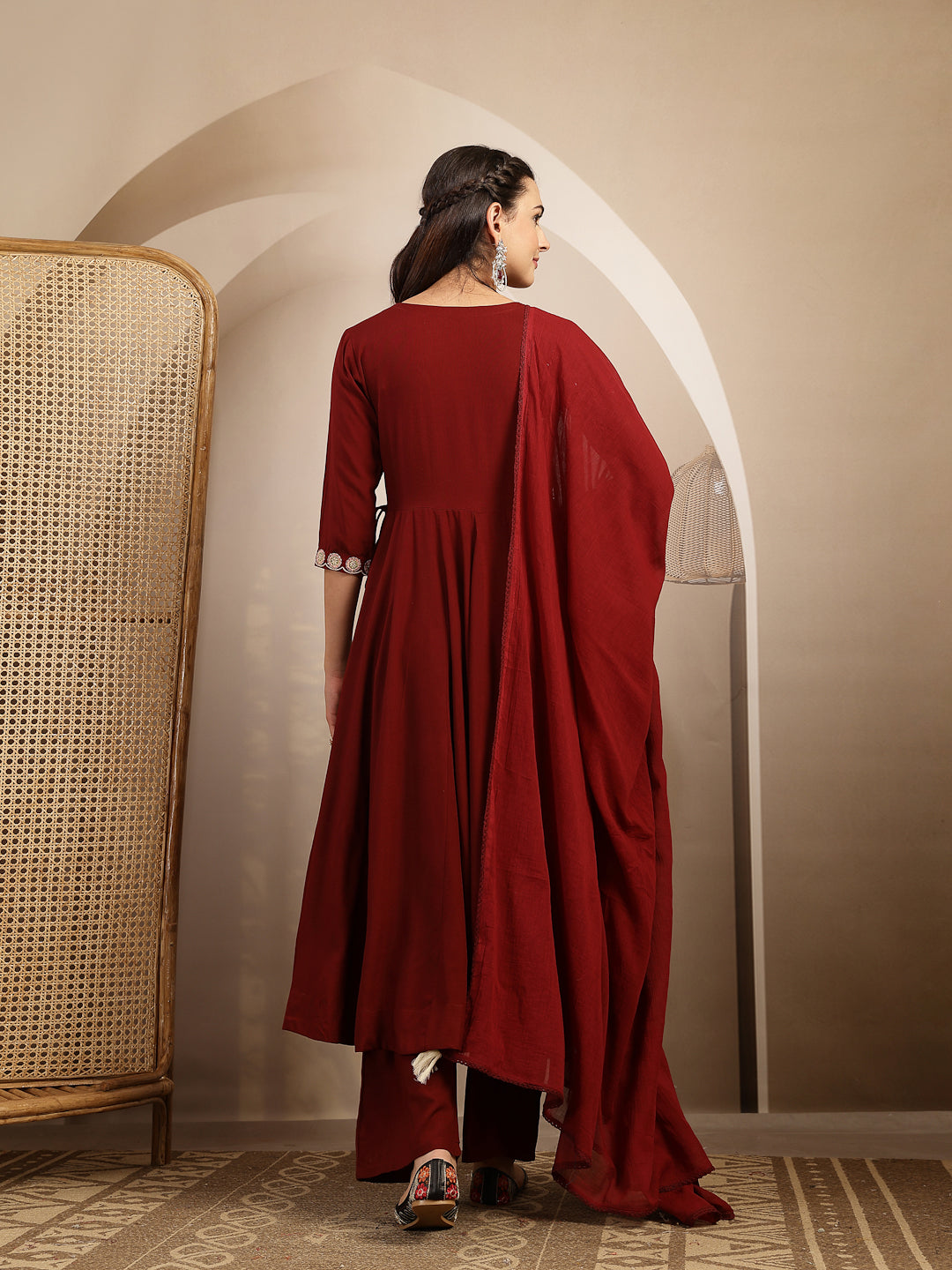 Maroon Embroidered Rayon Anarkali Suit Set With Palazzos &amp; Dupatta