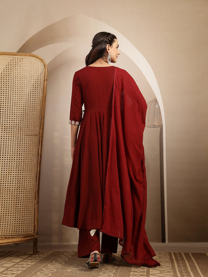 Maroon Embroidered Rayon Anarkali Suit Set With Palazzos & Dupatta