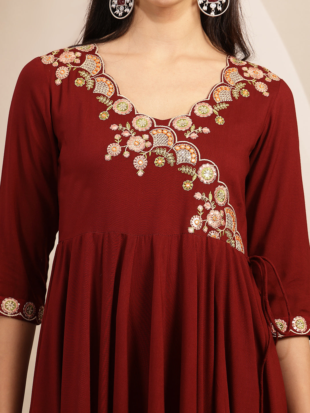 Maroon Embroidered Rayon Anarkali Suit Set With Palazzos &amp; Dupatta