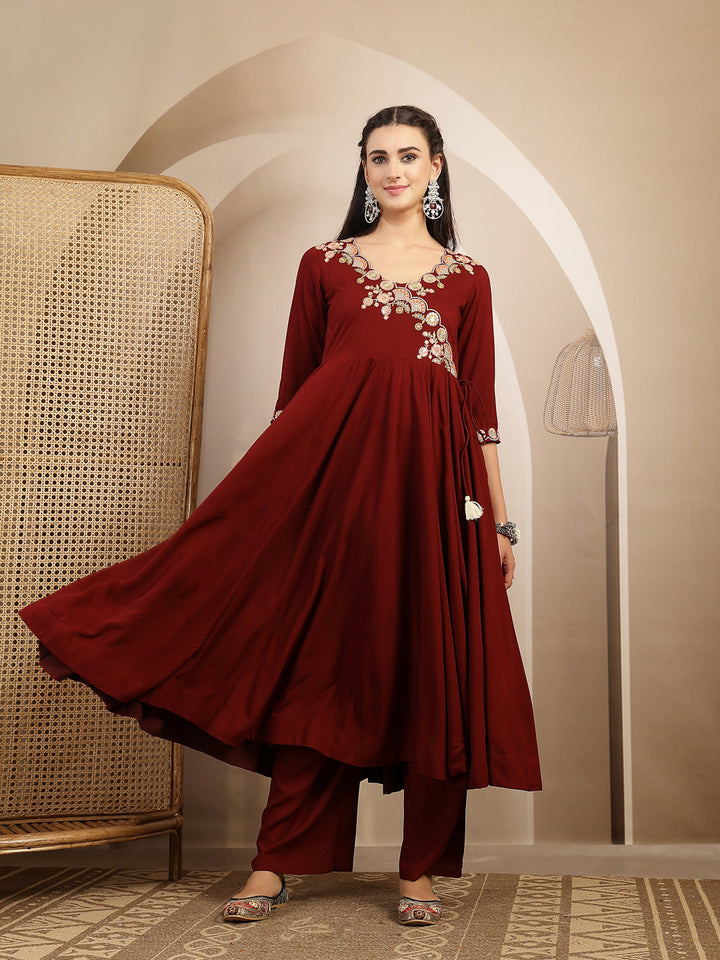 Maroon Embroidered Rayon Anarkali Suit Set With Palazzos &amp; Dupatta