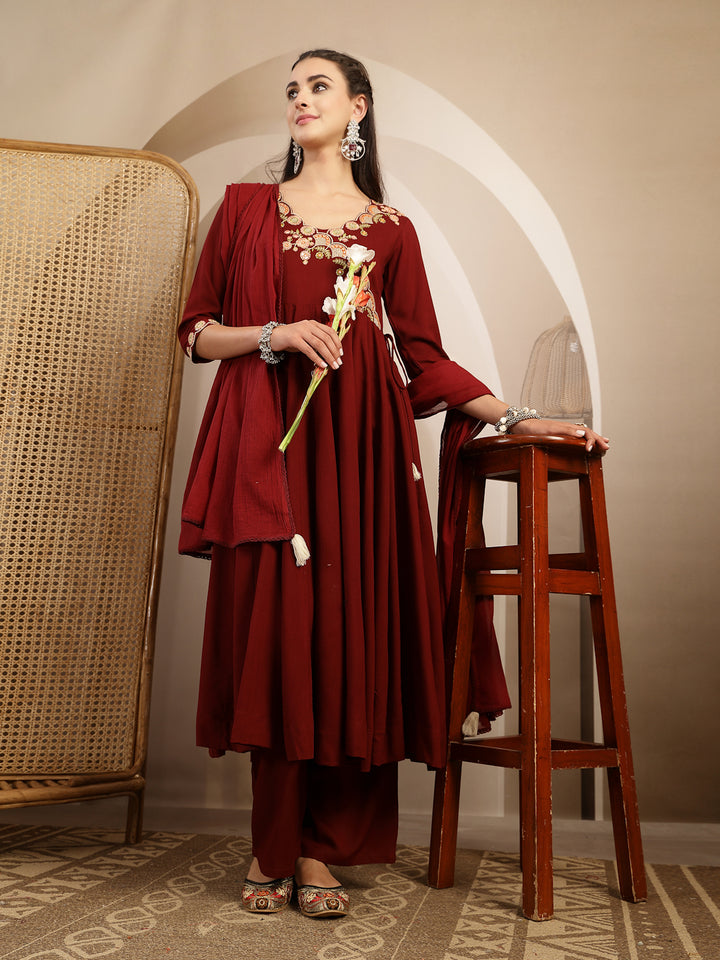 Maroon Embroidered Rayon Anarkali Suit Set With Palazzos &amp; Dupatta