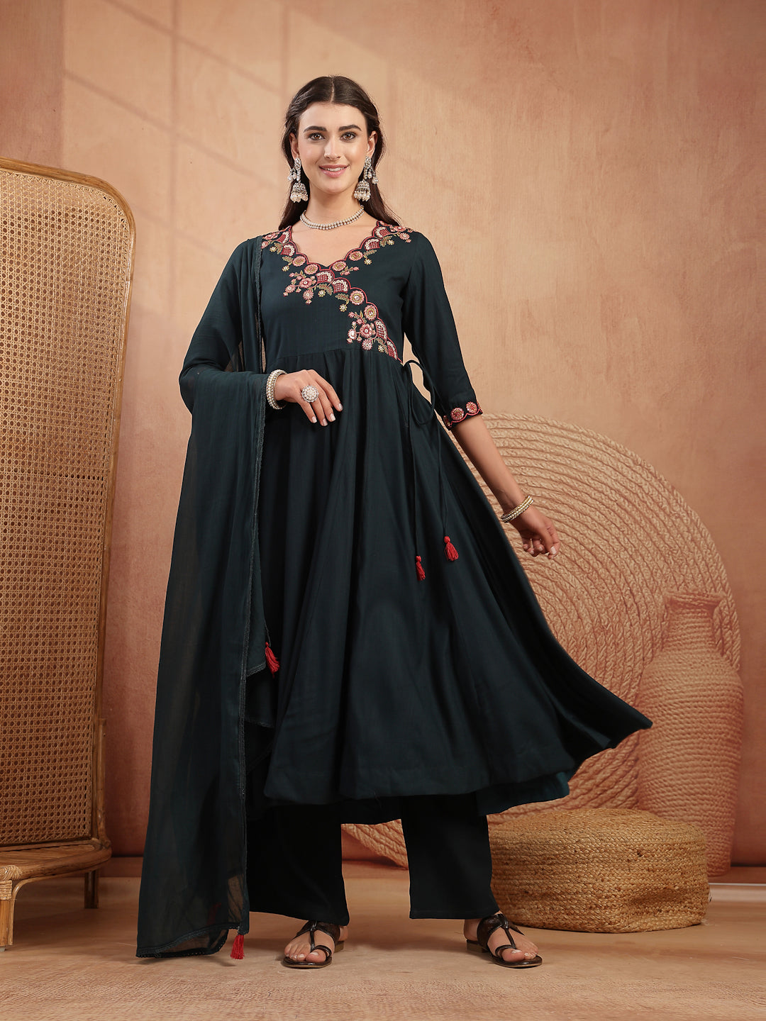 Maroon Embroidered Rayon Anarkali Suit Set With Palazzos &amp; Dupatta