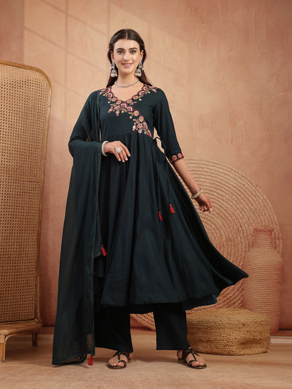 Maroon Embroidered Rayon Anarkali Suit Set With Palazzos & Dupatta