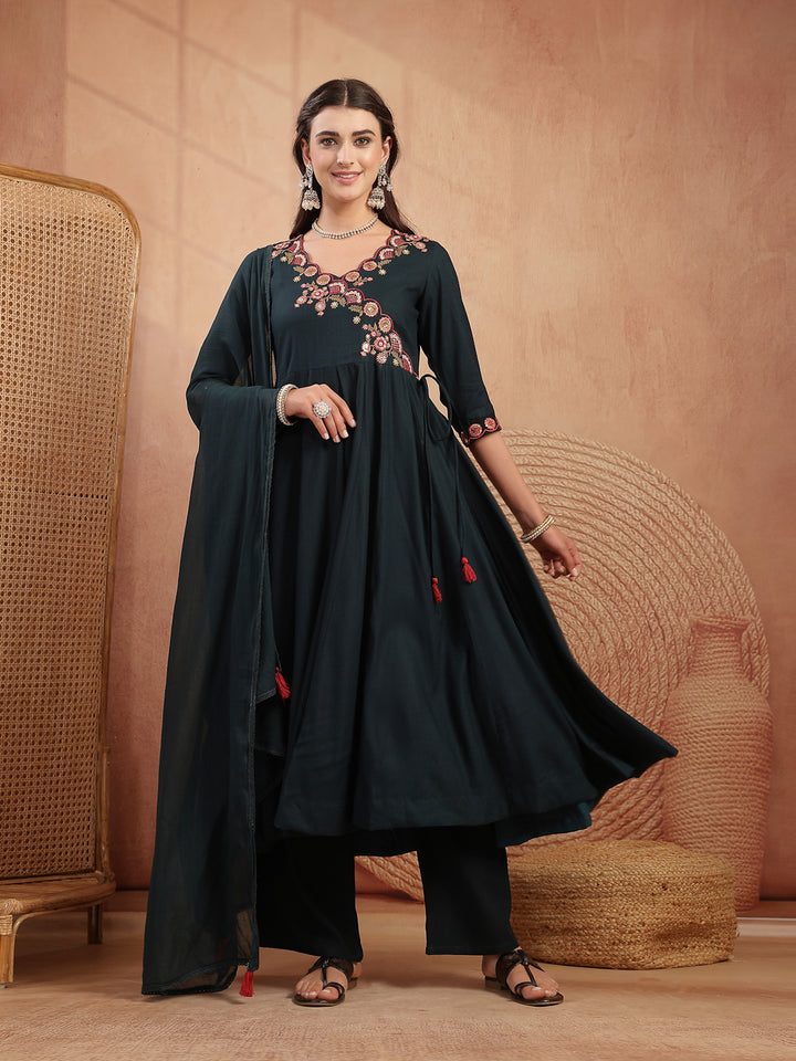 Maroon Embroidered Rayon Anarkali Suit Set With Palazzos &amp; Dupatta