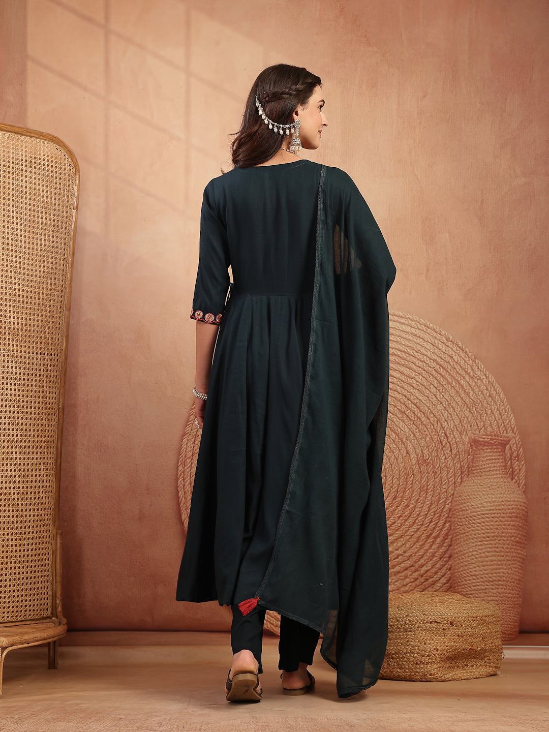 Maroon Embroidered Rayon Anarkali Suit Set With Palazzos &amp; Dupatta