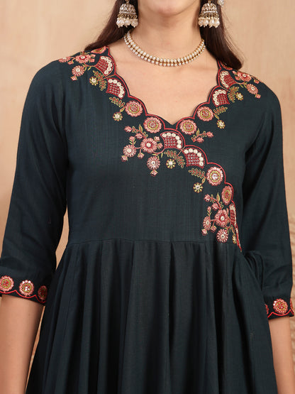 Maroon Embroidered Rayon Anarkali Suit Set With Palazzos & Dupatta