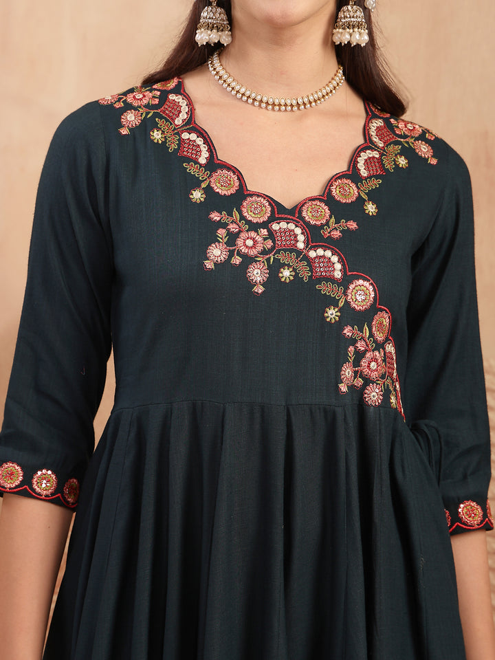 Maroon Embroidered Rayon Anarkali Suit Set With Palazzos &amp; Dupatta