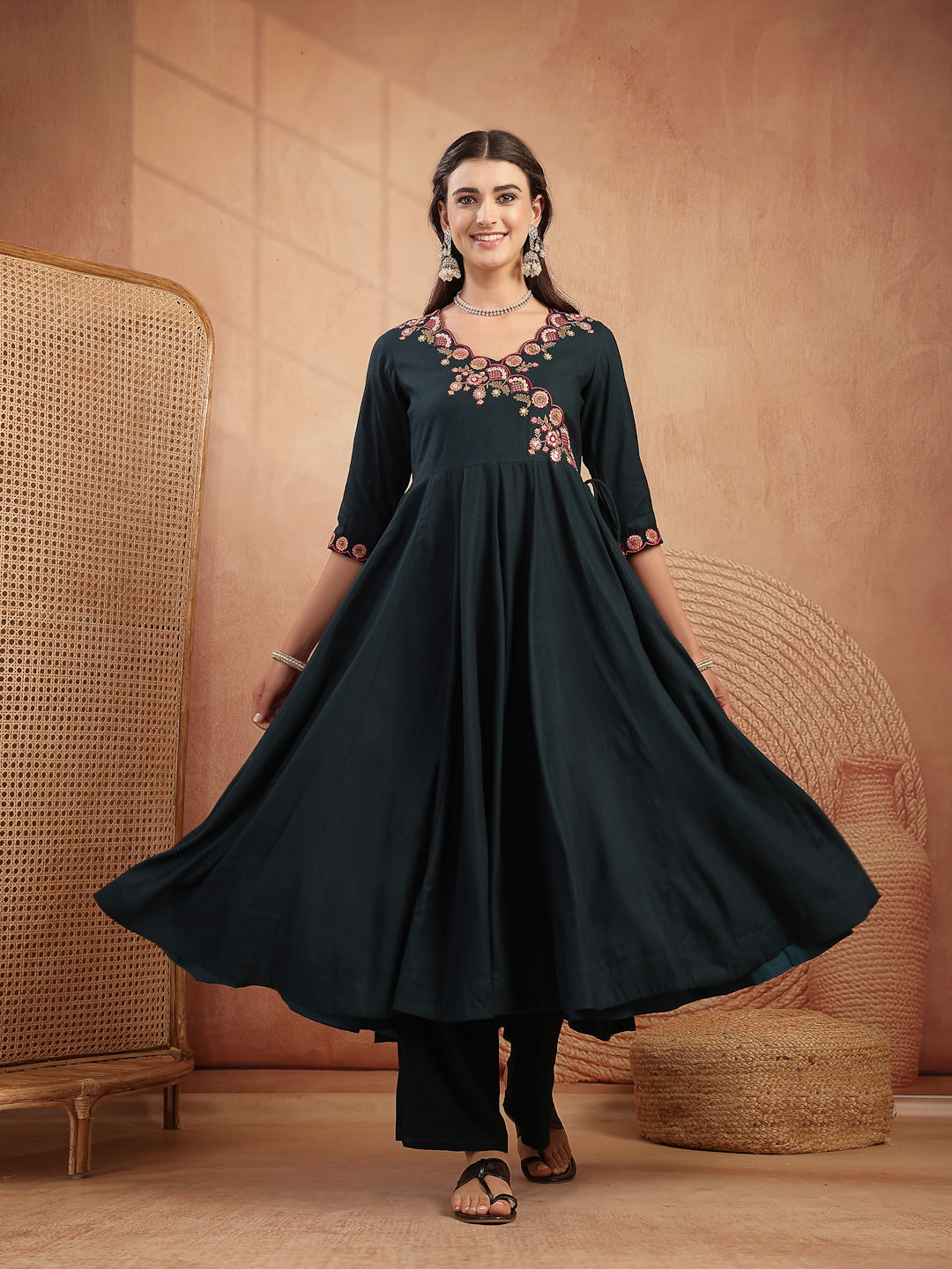 Maroon Embroidered Rayon Anarkali Suit Set With Palazzos &amp; Dupatta