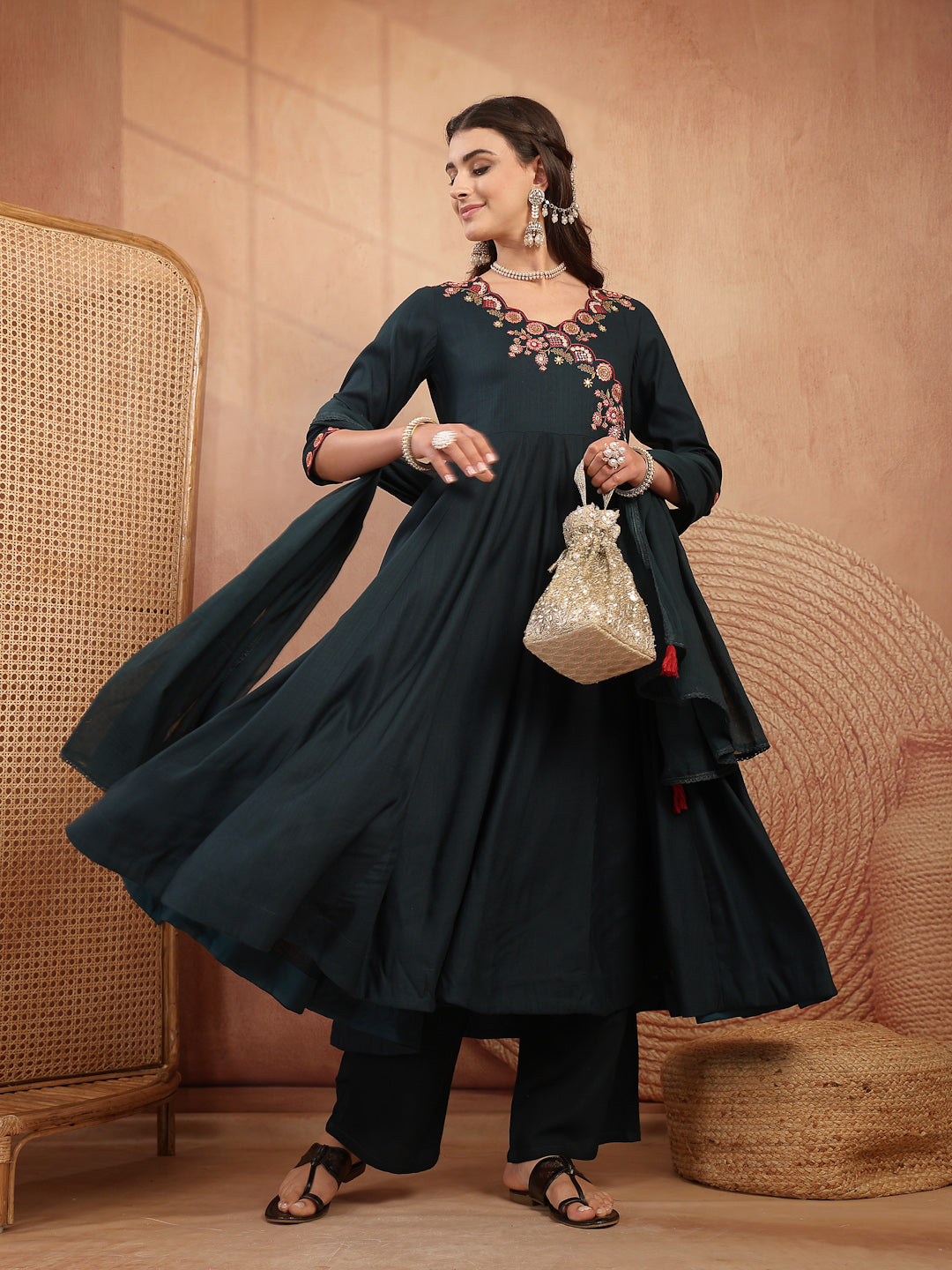 Maroon Embroidered Rayon Anarkali Suit Set With Palazzos &amp; Dupatta