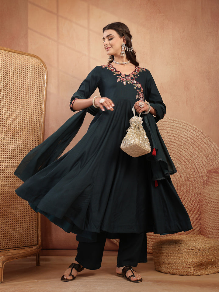 Maroon Embroidered Rayon Anarkali Suit Set With Palazzos &amp; Dupatta